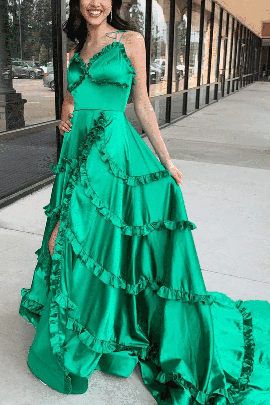 Green A-Line V-Neck Ruched Satin Long Prom Formal Dress with Slit