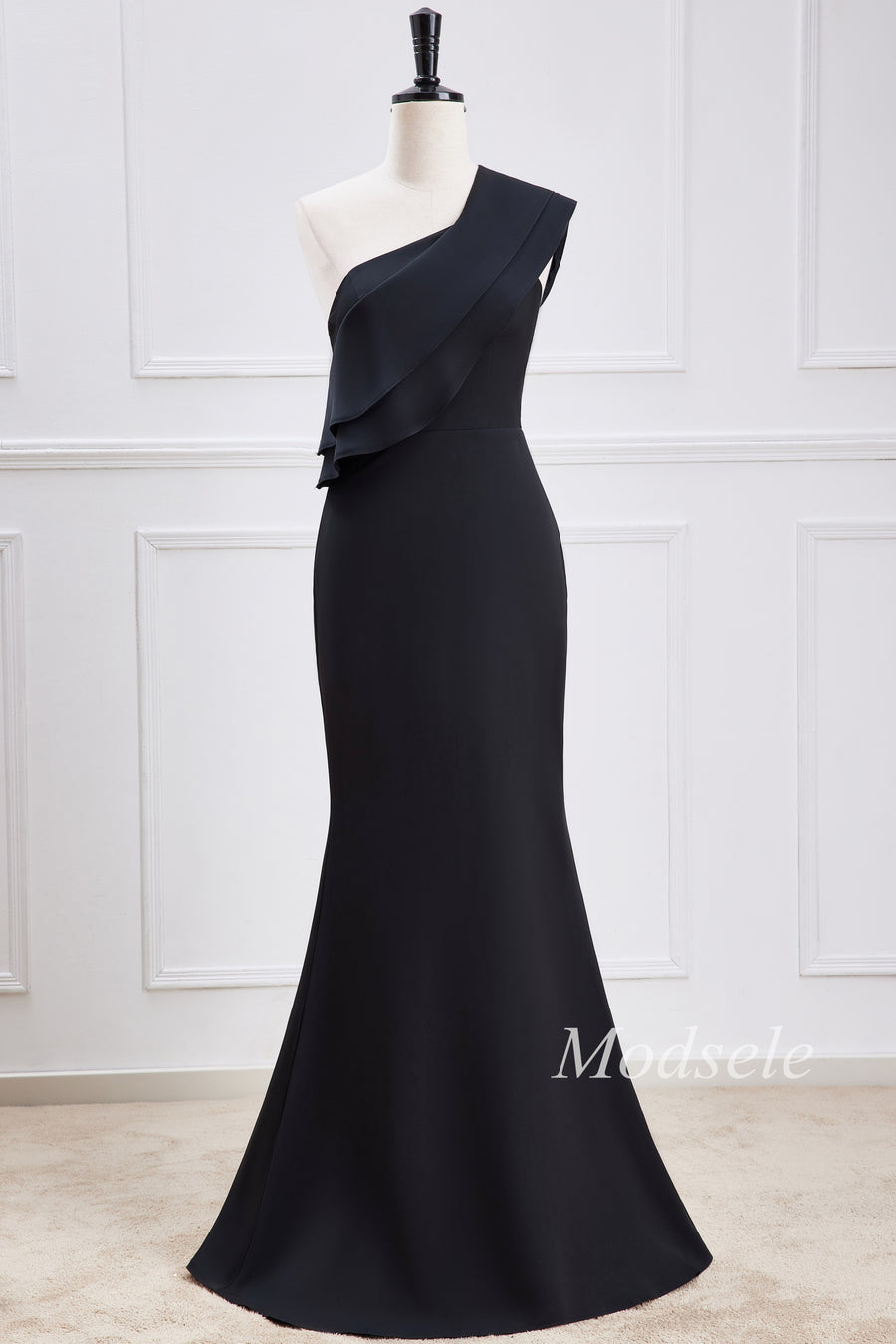 Black Chiffon One-Shoulder Mermaid Maxi Dress