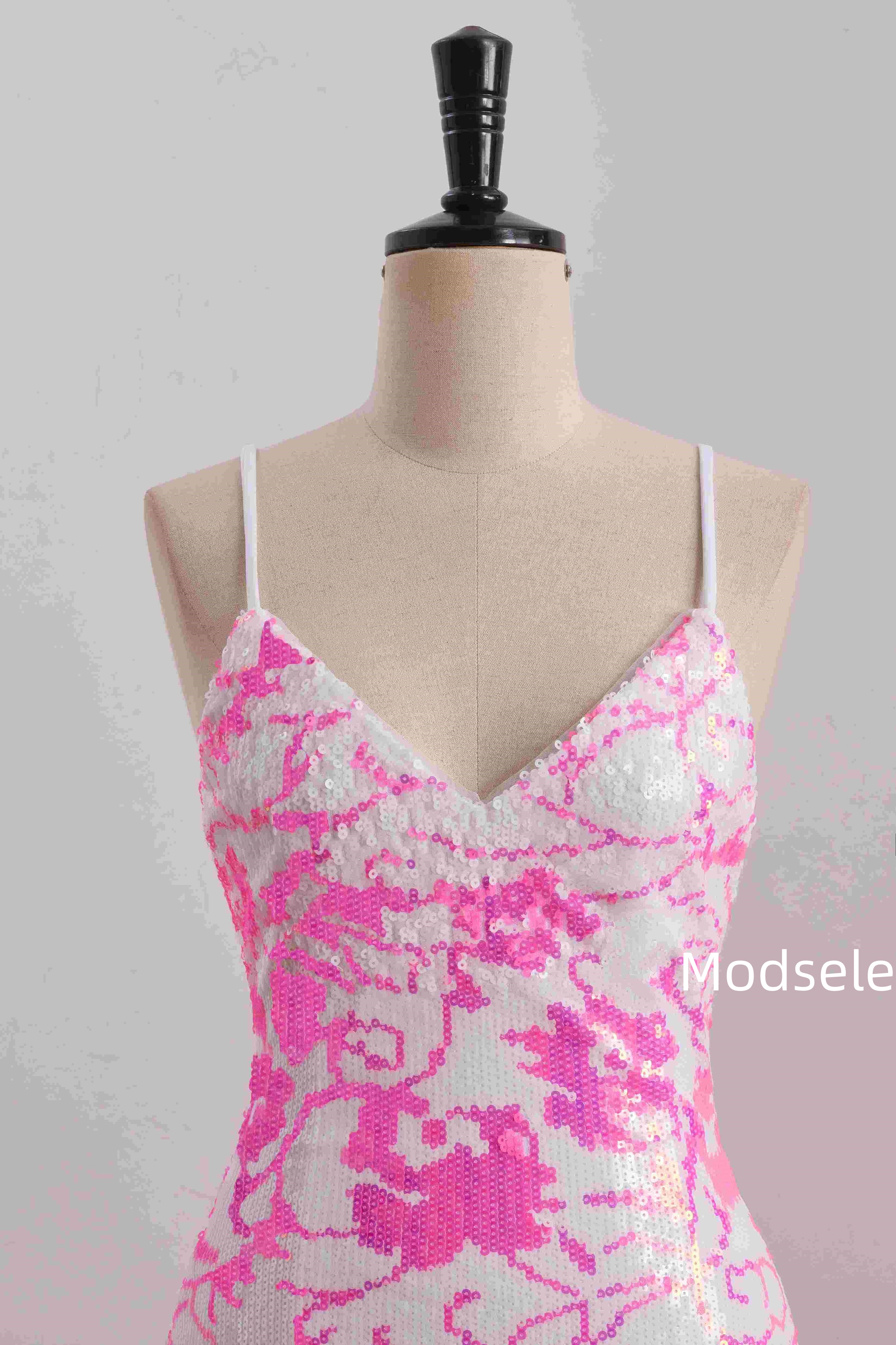 Tight Pink&White V-Neck Sequined Sleeveless Homecoming Dress