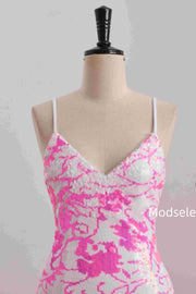 Tight Pink&White V-Neck Sequined Sleeveless Homecoming Dress