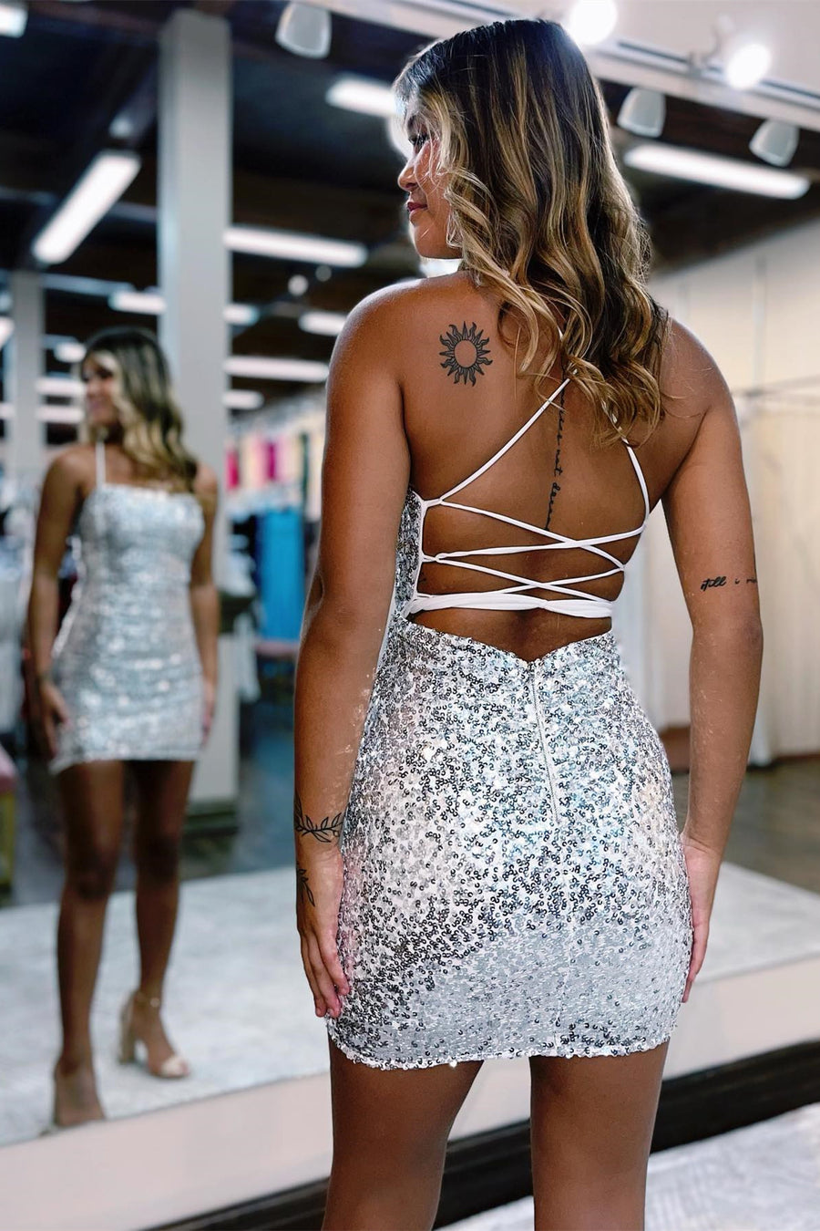 Silver Sequin Lace-Up Short Homecoming Dress