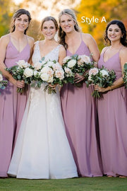 Mismatched Lilac Chiffon V Neck Long Bridesmaid Dress