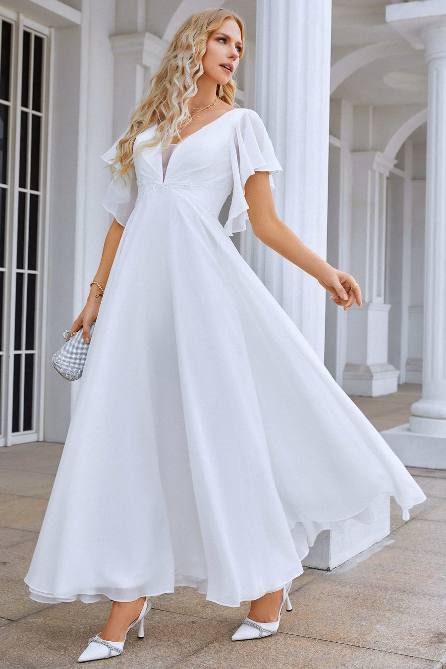 White Chiffon V-Neck A-Line Long Dress with Flared Sleeves