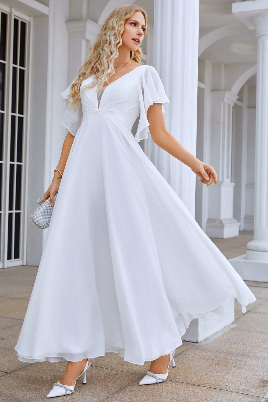White Chiffon V-Neck A-Line Long Dress with Flared Sleeves Modsele White Chiffon V-Neck A-Line Long Dress with Flared Sleeves Modsele