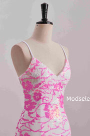 Tight Pink&White V-Neck Sequined Sleeveless Homecoming Dress