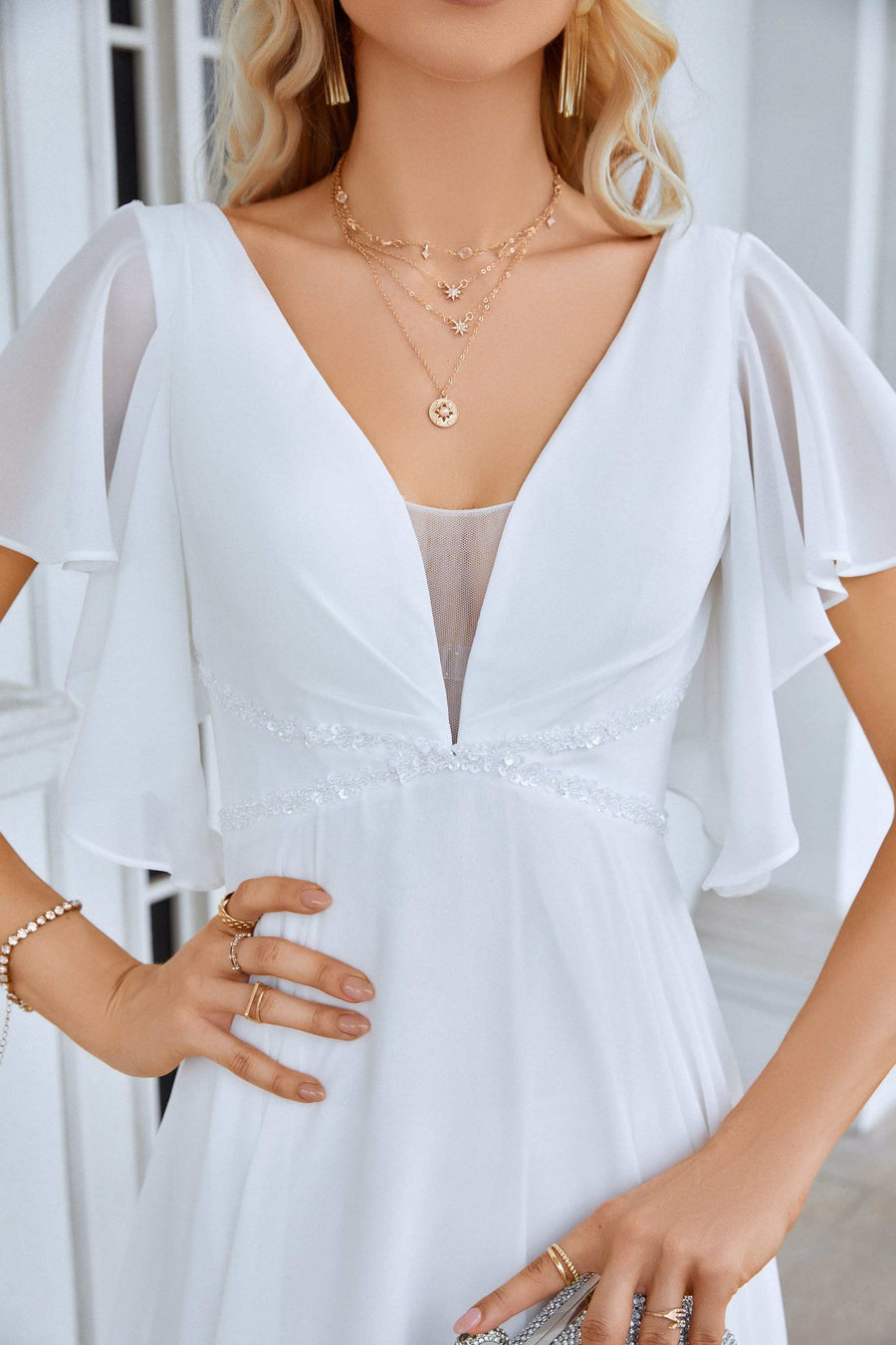 White Chiffon V-Neck A-Line Long Dress with Flared Sleeves