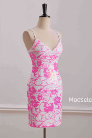 Tight Pink&White V-Neck Sequined Sleeveless Homecoming Dress