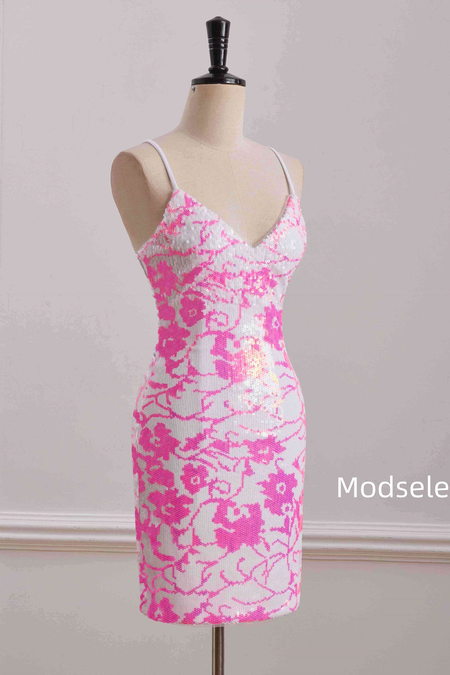 Tight Pink&White V-Neck Sequined Sleeveless Homecoming Dress