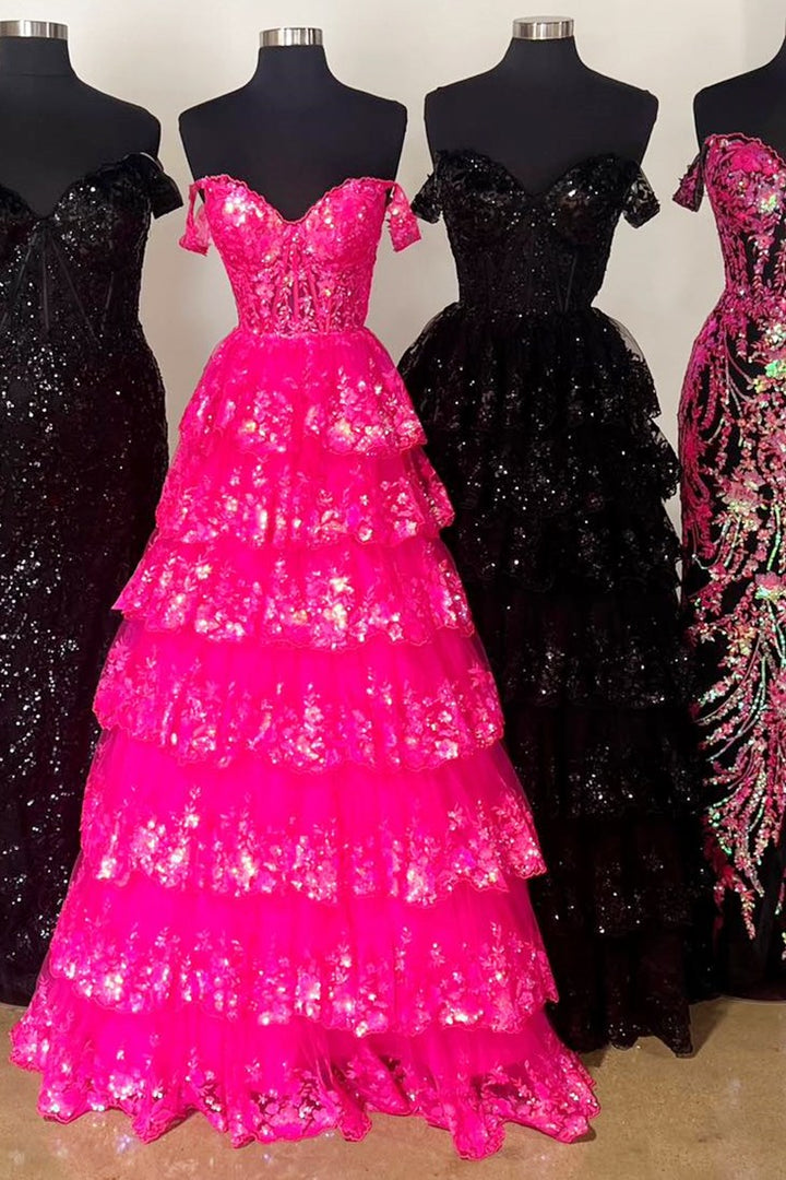 Off-the-Shoulder Gold Sequin Lace Ruffle Multi-Layer Long Gown