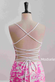 Tight Pink&White V-Neck Sequined Sleeveless Homecoming Dress