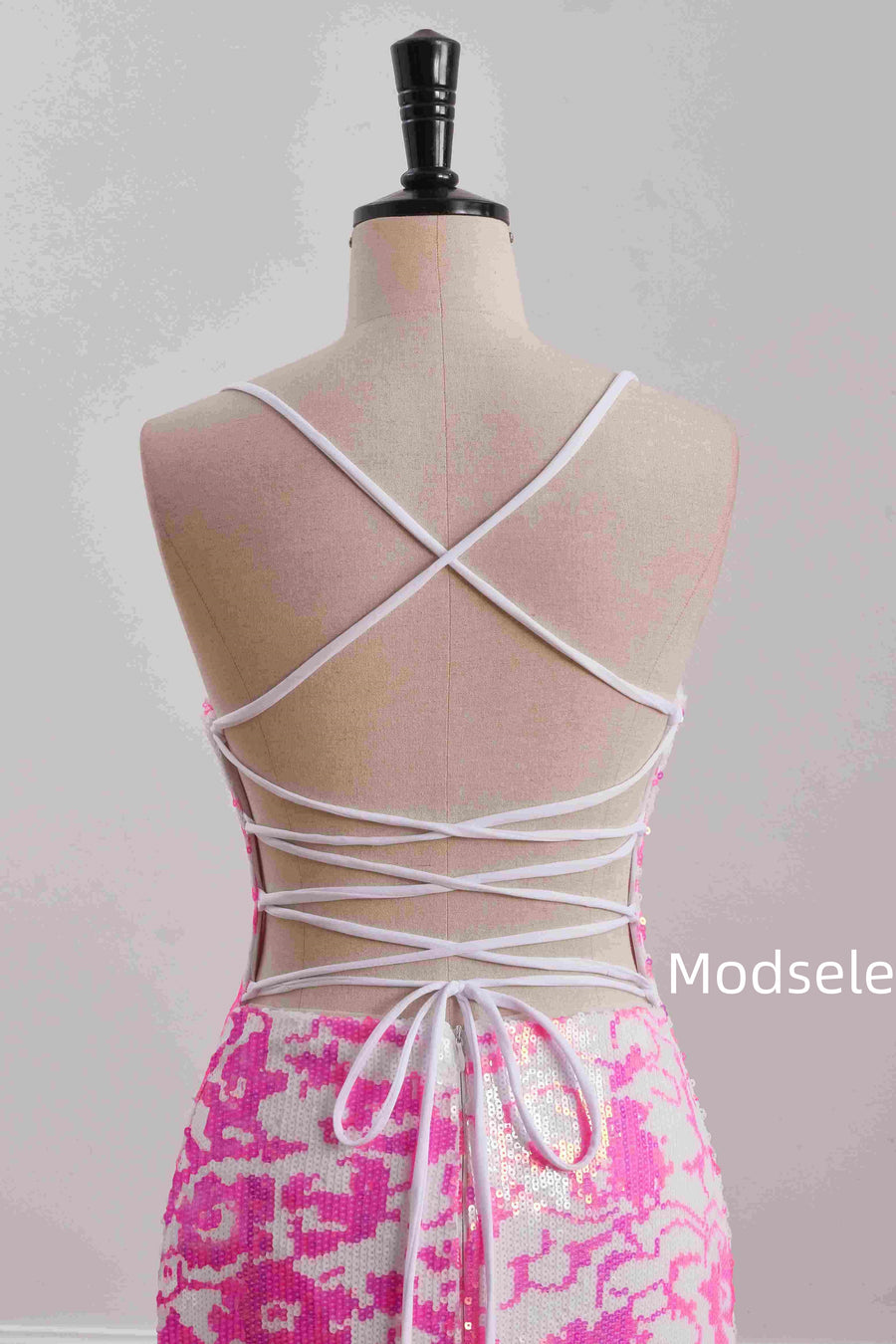 Tight Pink&White V-Neck Sequined Sleeveless Homecoming Dress
