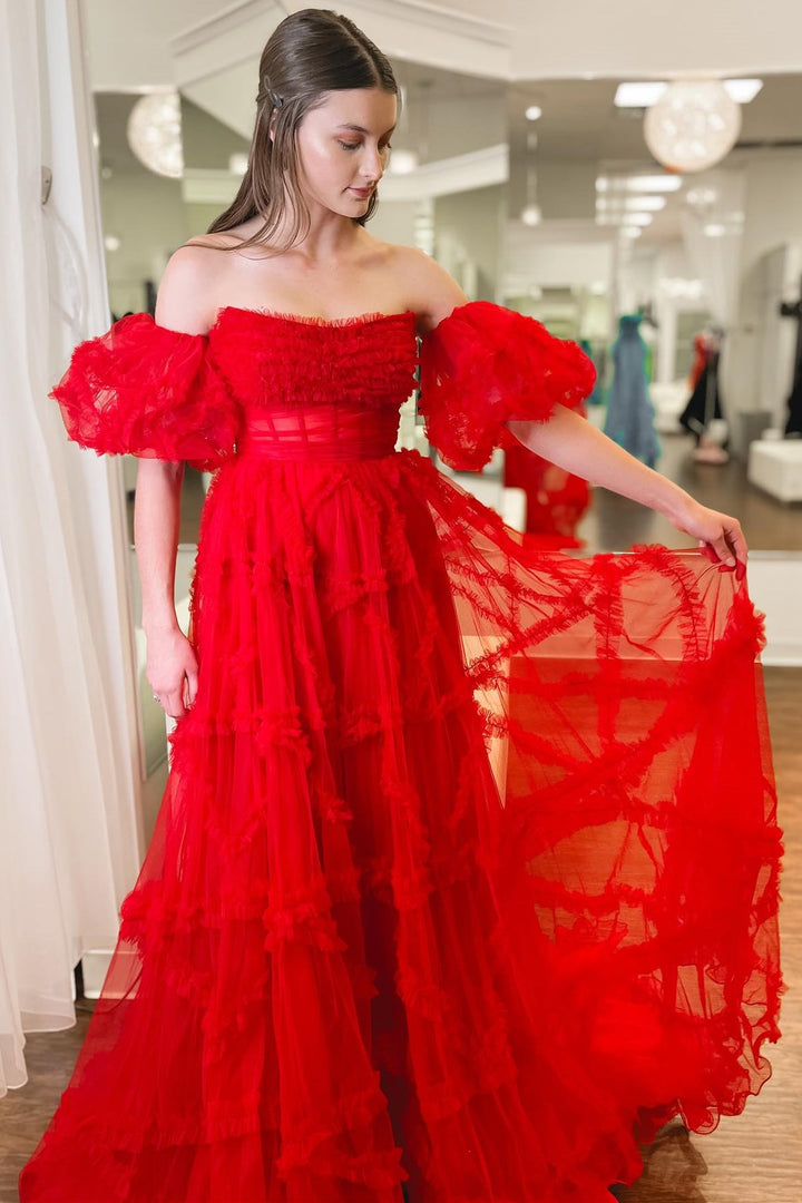 Magenta Strapless Ruffles A-Line Long Formal Dress with Puff Sleeves