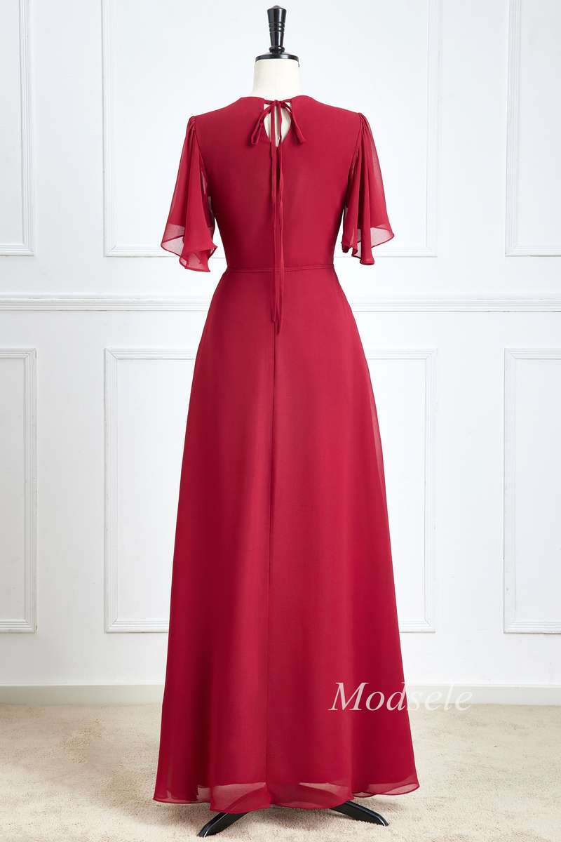 Wine Red Chiffon Surplice Neck A-Line Long Bridesmaid Dress