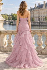 Blue V-Neck Strapless Ruffles Sleeveless A-Line Prom Dress with Slit