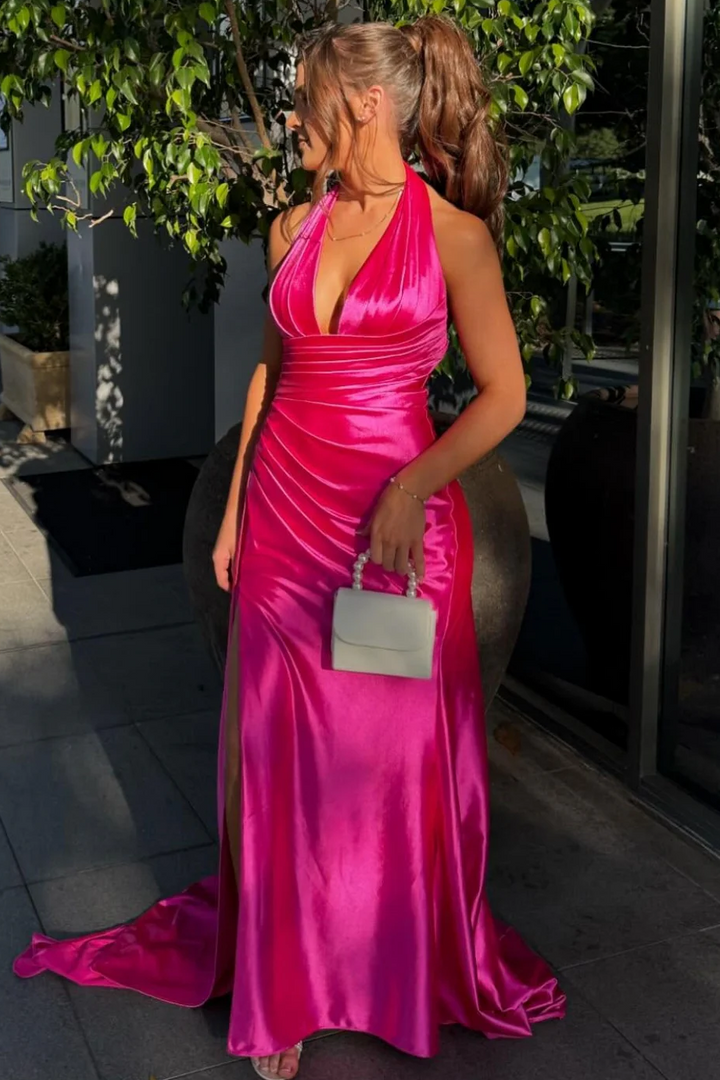 Burgundy Halter V-Neck Pleated Satin Formal Prom Dress with Slit