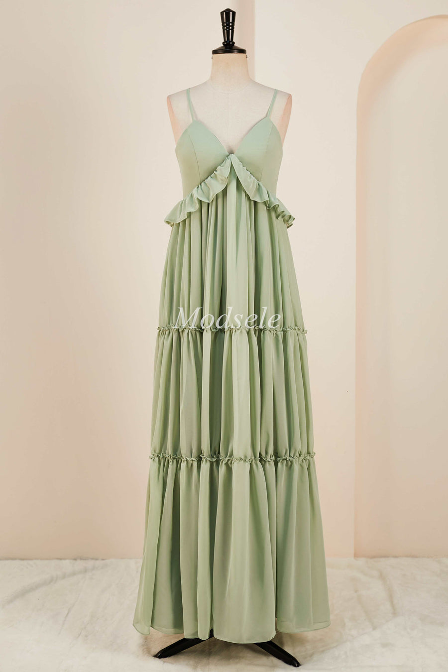Dusty Sage V-Neck Ruffle A-Line Long Dress with Spaghetti Straps