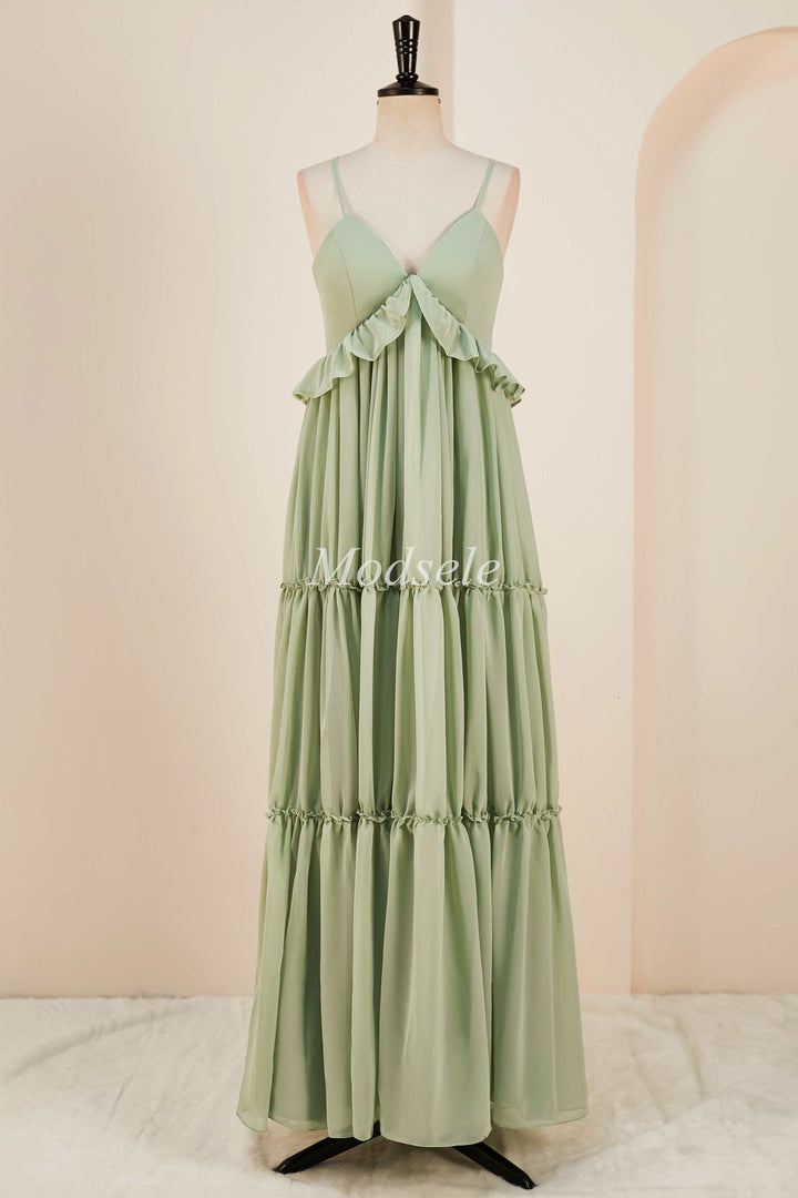 Dusty Sage V-Neck Ruffle A-Line Long Dress with Spaghetti Straps