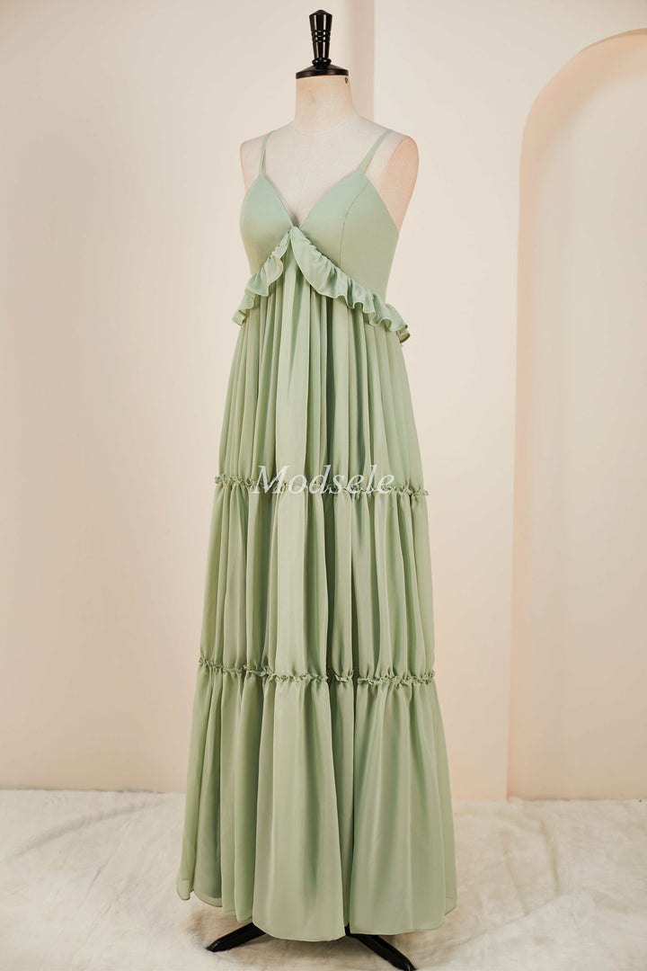 Dusty Sage V-Neck Ruffle A-Line Long Dress with Spaghetti Straps