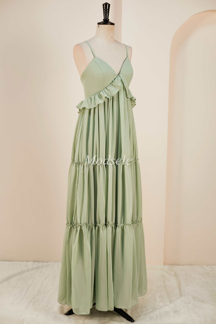 Dusty Sage V-Neck Ruffle A-Line Long Dress with Spaghetti Straps