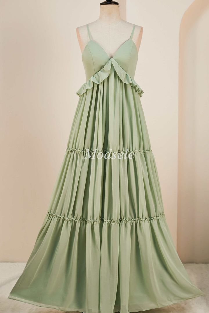 Dusty Sage V-Neck Ruffle A-Line Long Dress with Spaghetti Straps