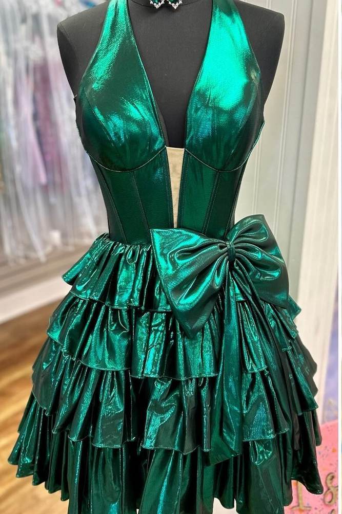 Halter Plunging Neck Metallic Ruffle Short Homecoming Dress with Bow   Modsele
