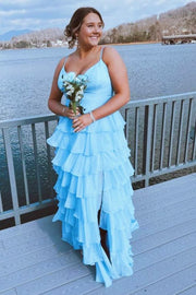Light Blue Straps Ruffle A-Line Long Prom Dress with Slit