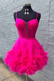 Pink Tulle Spaghetti Strap A-Line Short Dress with Ruffles