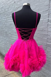 Pink Tulle Spaghetti Strap A-Line Short Dress with Ruffles