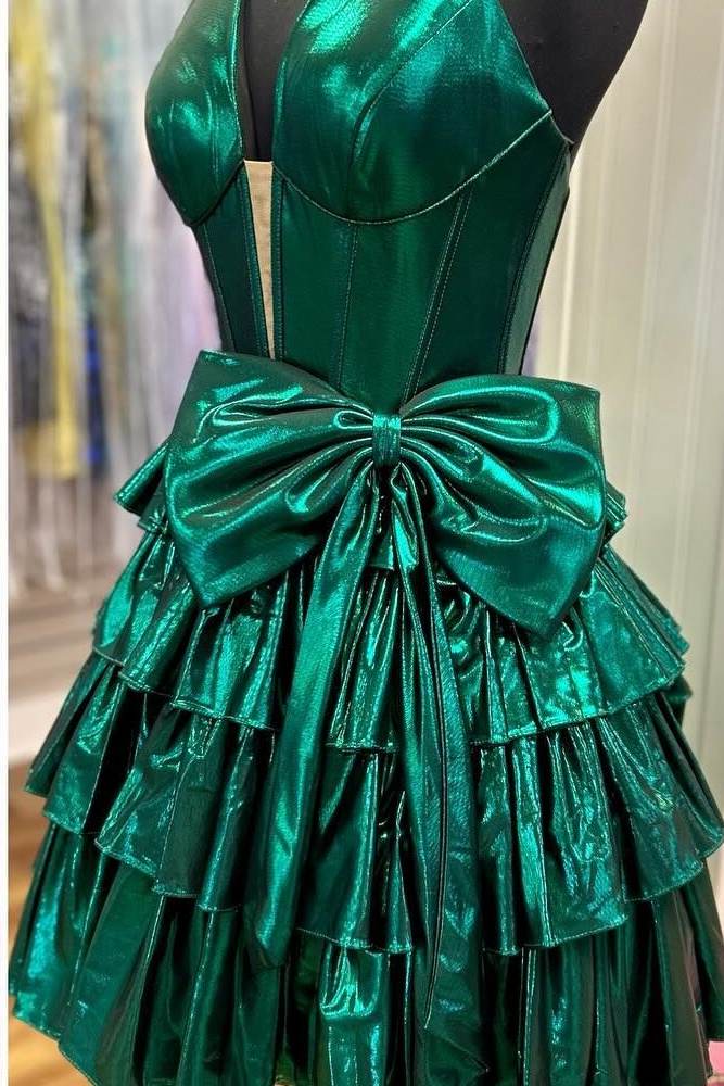 Halter Plunging Neck Metallic Ruffle Short Homecoming Dress with Bow