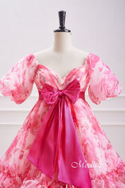 V-Neck Pink Floral Print Tulle Homecoming Dress