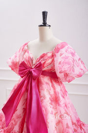 V-Neck Pink Floral Print Tulle Homecoming Dress