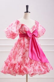 V-Neck Pink Floral Print Tulle Homecoming Dress