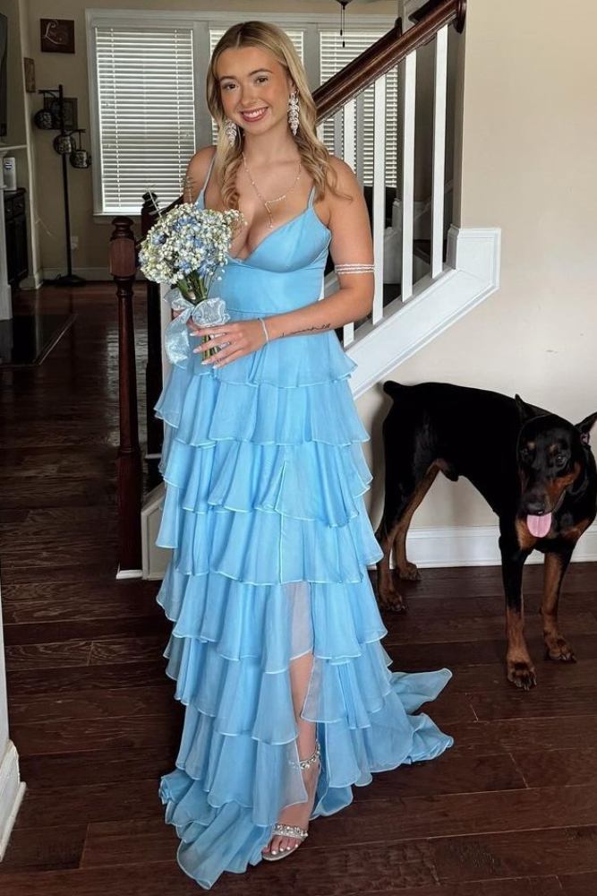 Light Blue Straps Ruffle A-Line Long Prom Dress with Slit