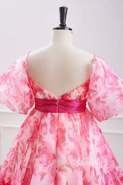 V-Neck Pink Floral Print Tulle Homecoming Dress