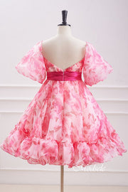 V-Neck Pink Floral Print Tulle Homecoming Dress