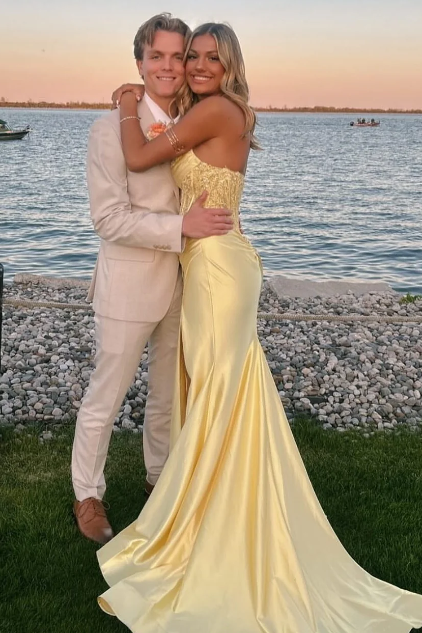 Strapless Scoop Pleats High Slit Mermaid Sleeveless Long Prom Dress