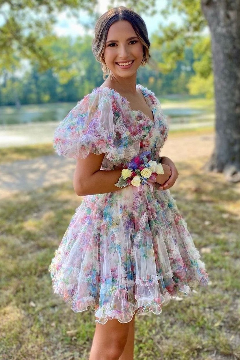 Fuchsia Print Puff Sleeve Ruffle Short Homecoming Dress Modsele Fuchsia Print Puff Sleeve Ruffle Short Homecoming Dress Modsele