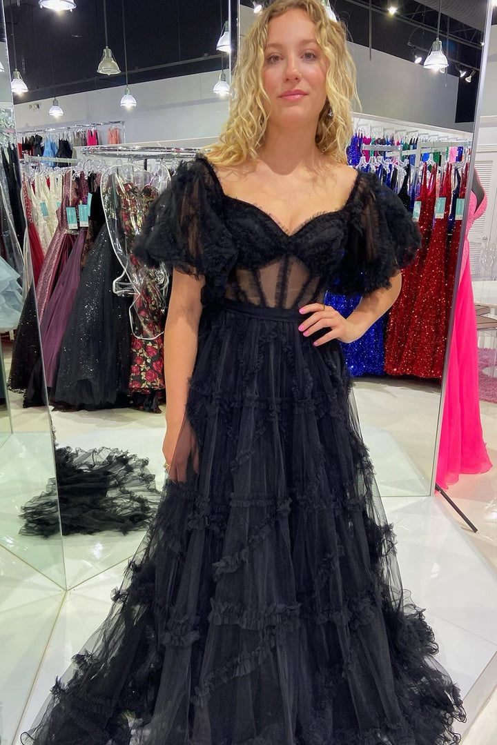 Light Blue Sheer Corset Ruffles A-Line Prom Dress with Puff Sleeves