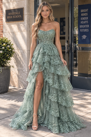 Red Strapless A-Line Sequins Appliques Ruffles Prom Dress Long with Slit