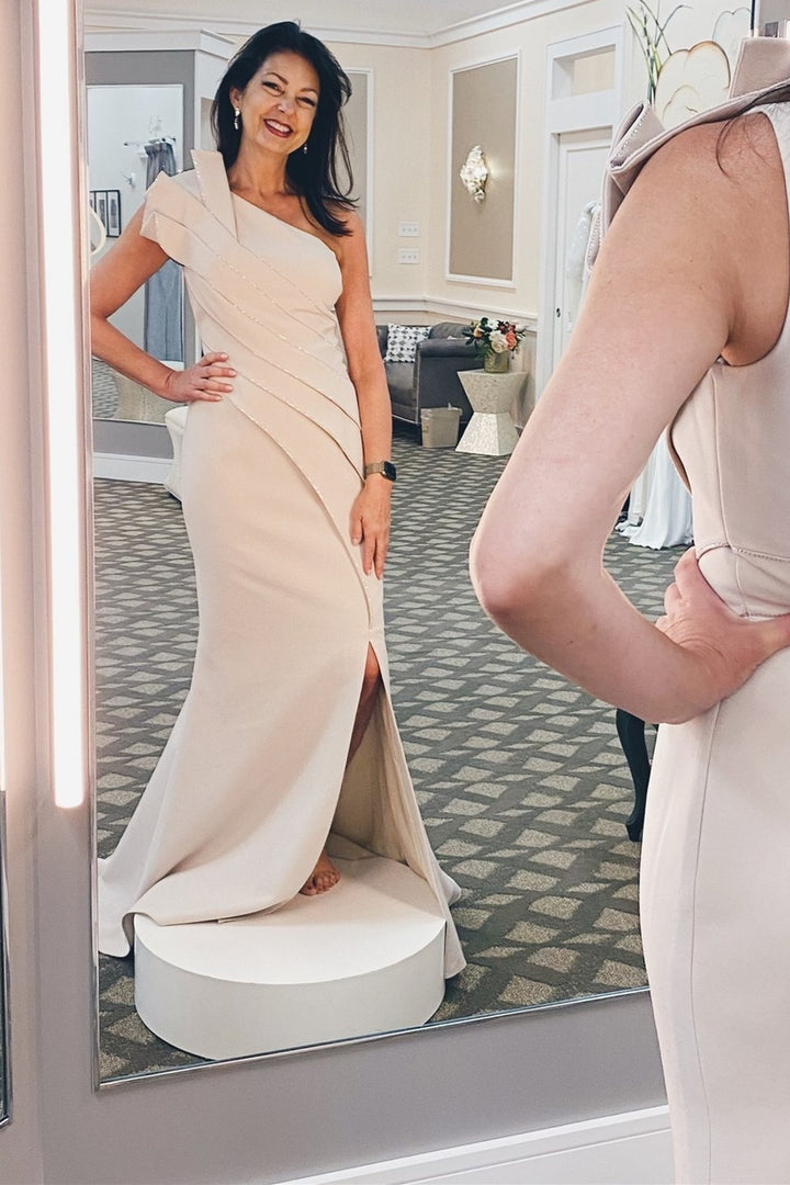 Beige One Shoulder Pleated Long Mother of the Bride Dress with Slit