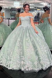 Off-the-Shoulder Dusty Sage Appliques Ball Gown