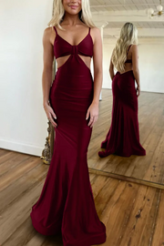 Red Spaghetti Straps V-Neck Mermaid Satin Sleeveless Long Prom Dress