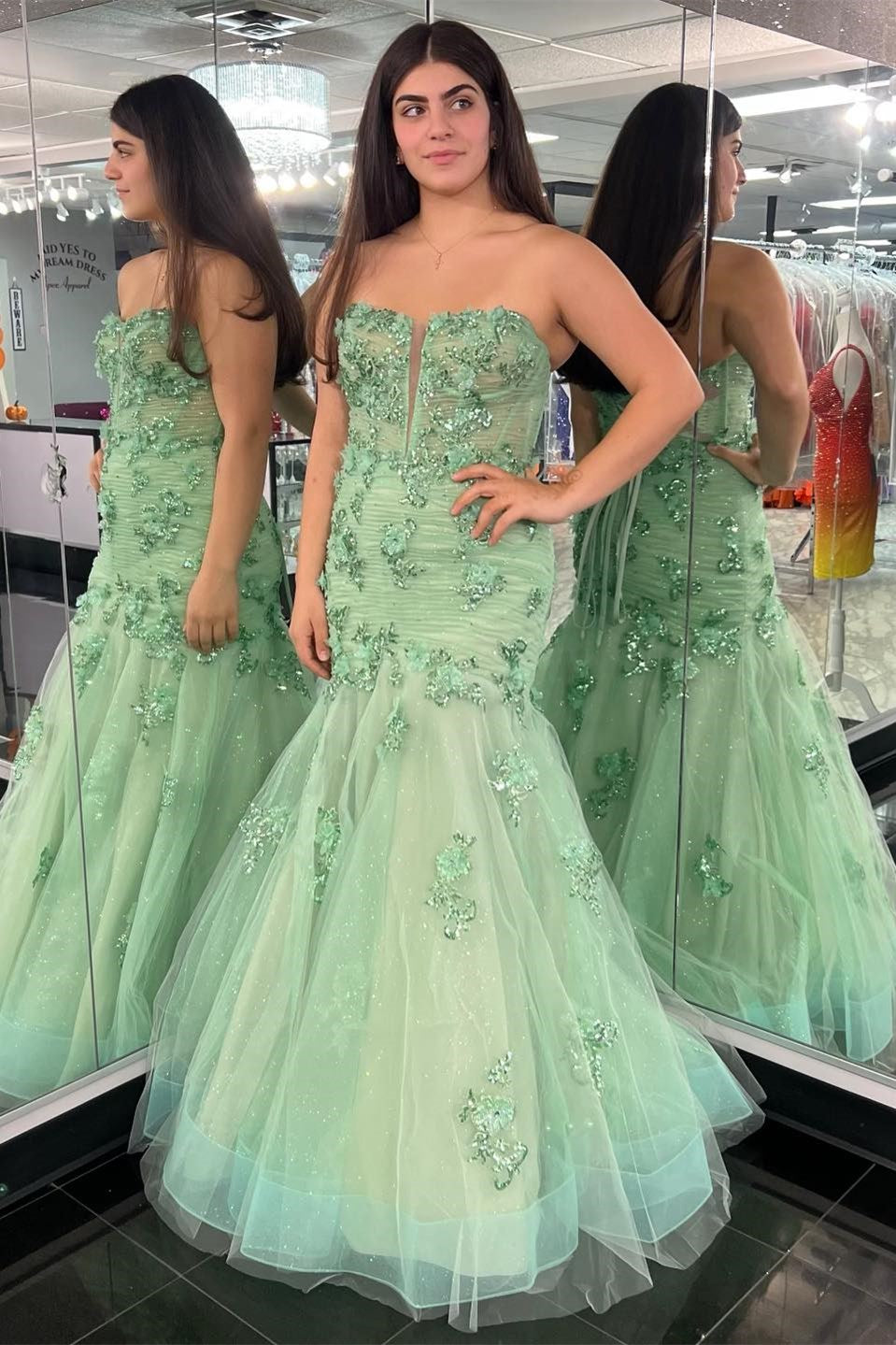 Sage Green Appliques Strapless Trumpet Long Formal Dress – Modsele