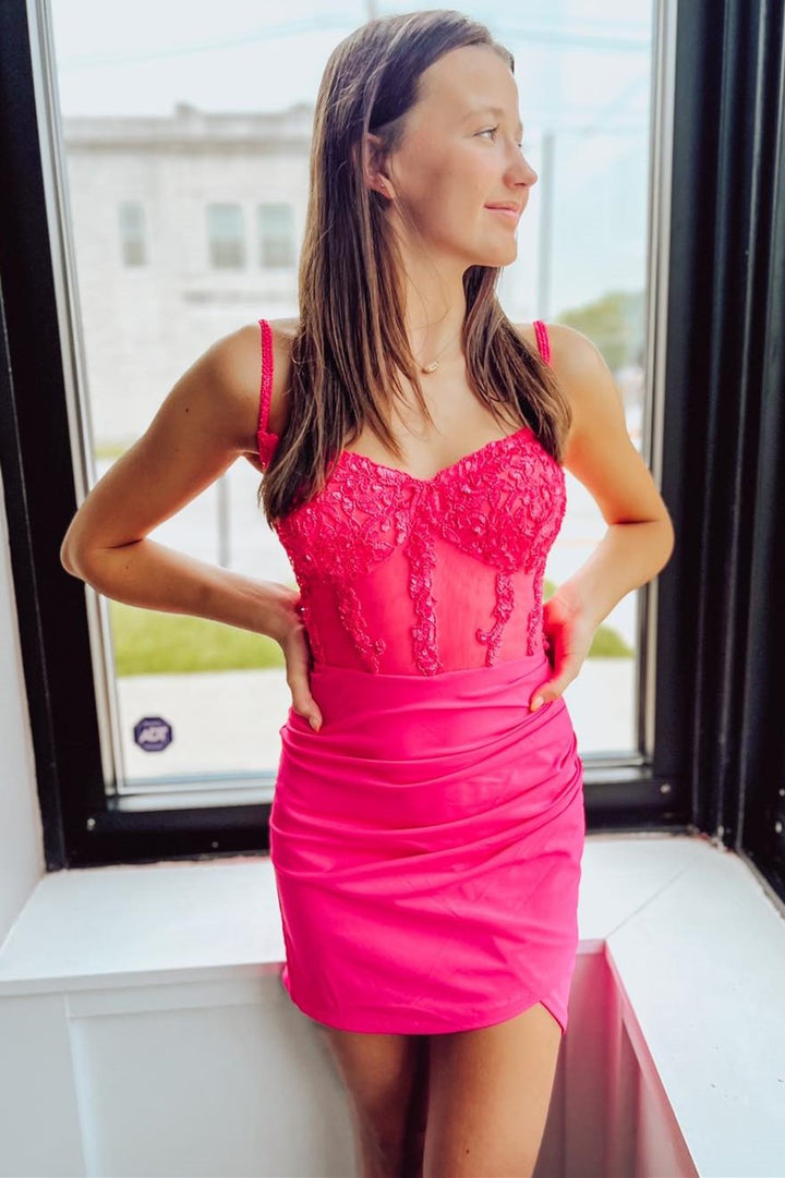 Hot Pink Sequin-Embroidery Sweetheart Bodycon Short Party Dress