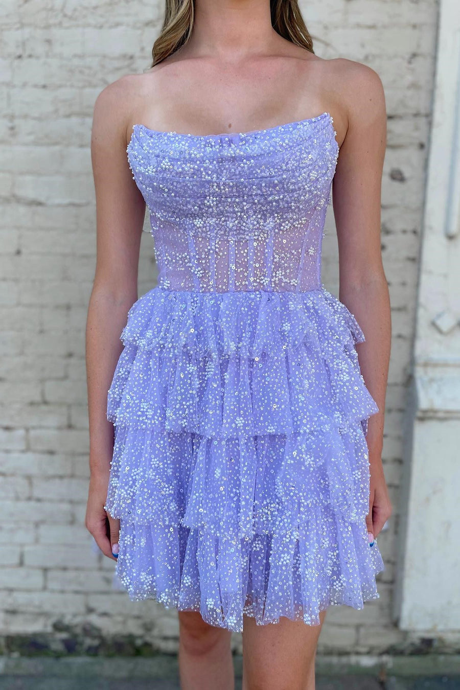 Lavender Tulle Beaded Strapless Tiered Short Gown