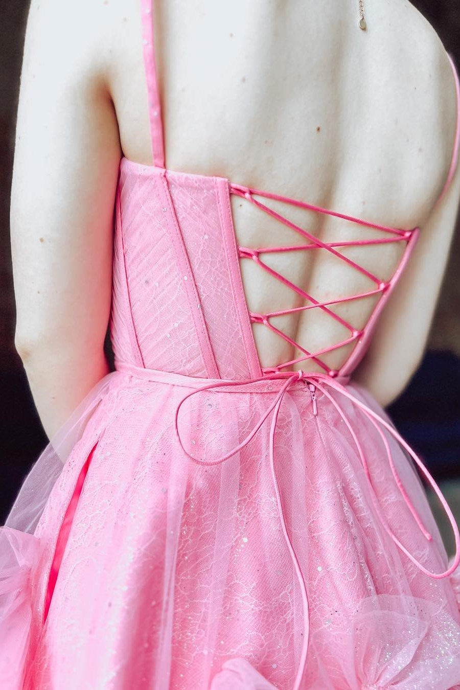 Pink Tulle Spaghetti Strap A-Line Short Dress with Ruffles