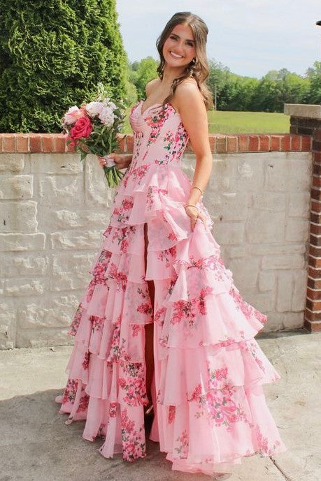 Pink Strapless A-Line Printing Tiered Chiffon Floral Long Prom Dress