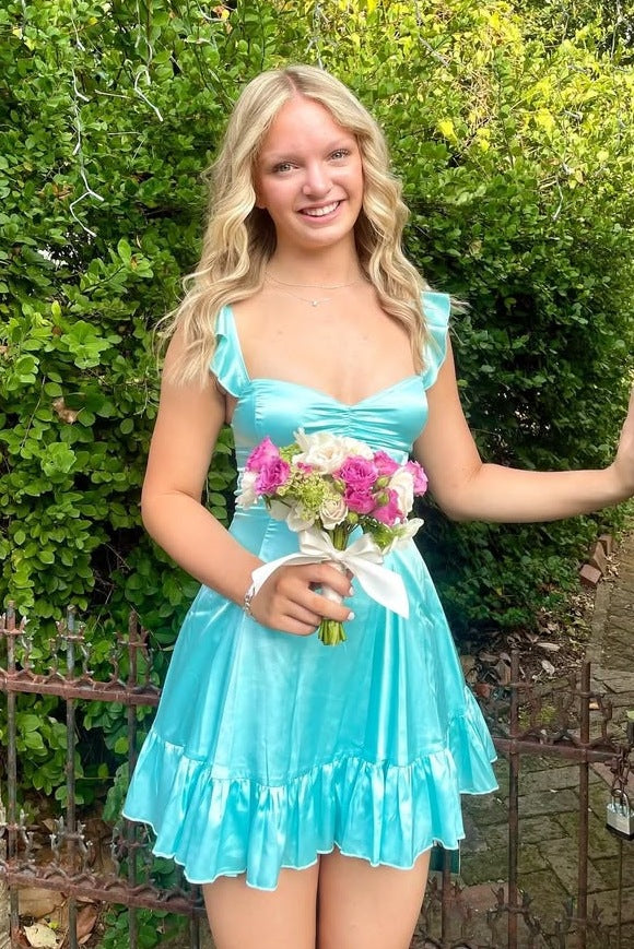 Cyan A-Line Empire-Waist Pleats Satin Sleeveless Short Homecoming Dress