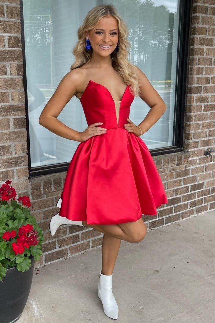 Red Strapless A-Line Short Homecoming Dress