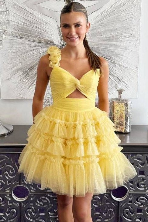 One Shoulder Light Blue A-Line Layered Tulle Homecoming Dress  Modsele